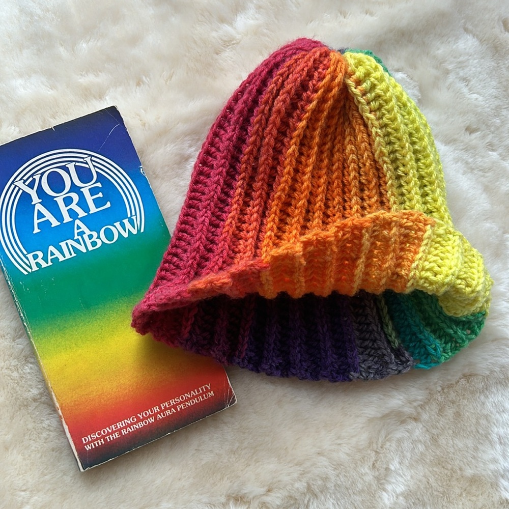 Kids OS Rainbow Beanie Handmade Beautiful Rainbow Ombré Pattern NWOT